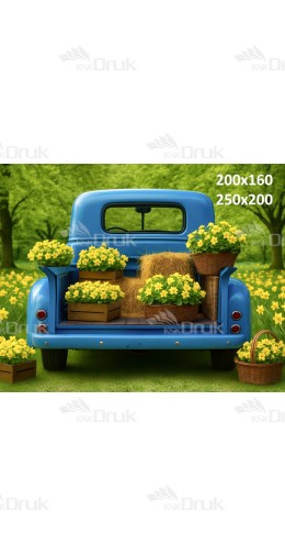 Tło fotograficzne „Niebieski pickup z żonkilami” | E_755